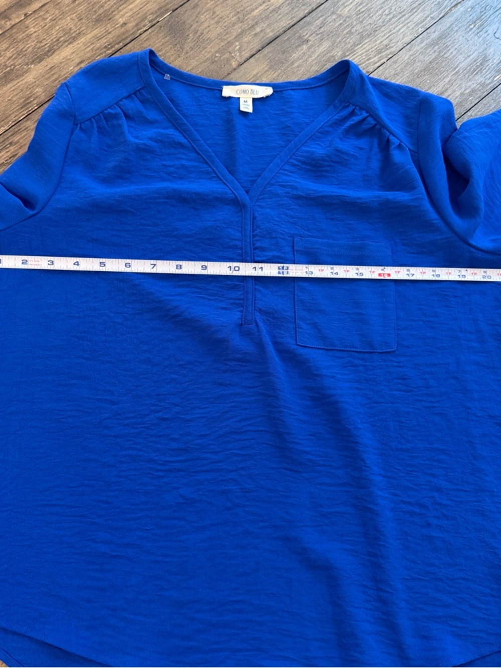 Como Blu Medium Royal Blue Satin Blouse Long Sleeve Smocked Cuff Hi-Low Top - Picture 10 of 10